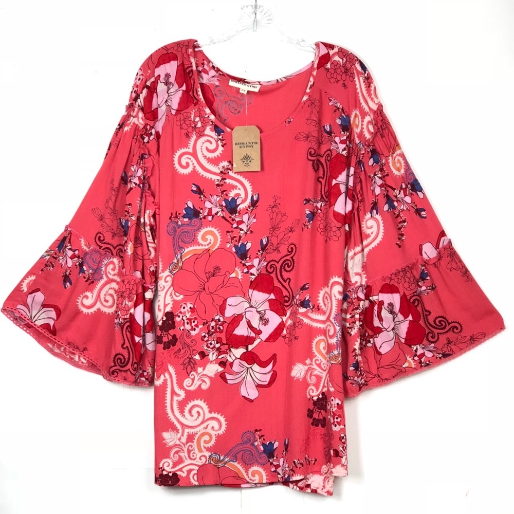 Romantic Gypsy Vibrant Floral Bell Sleeve Blouse